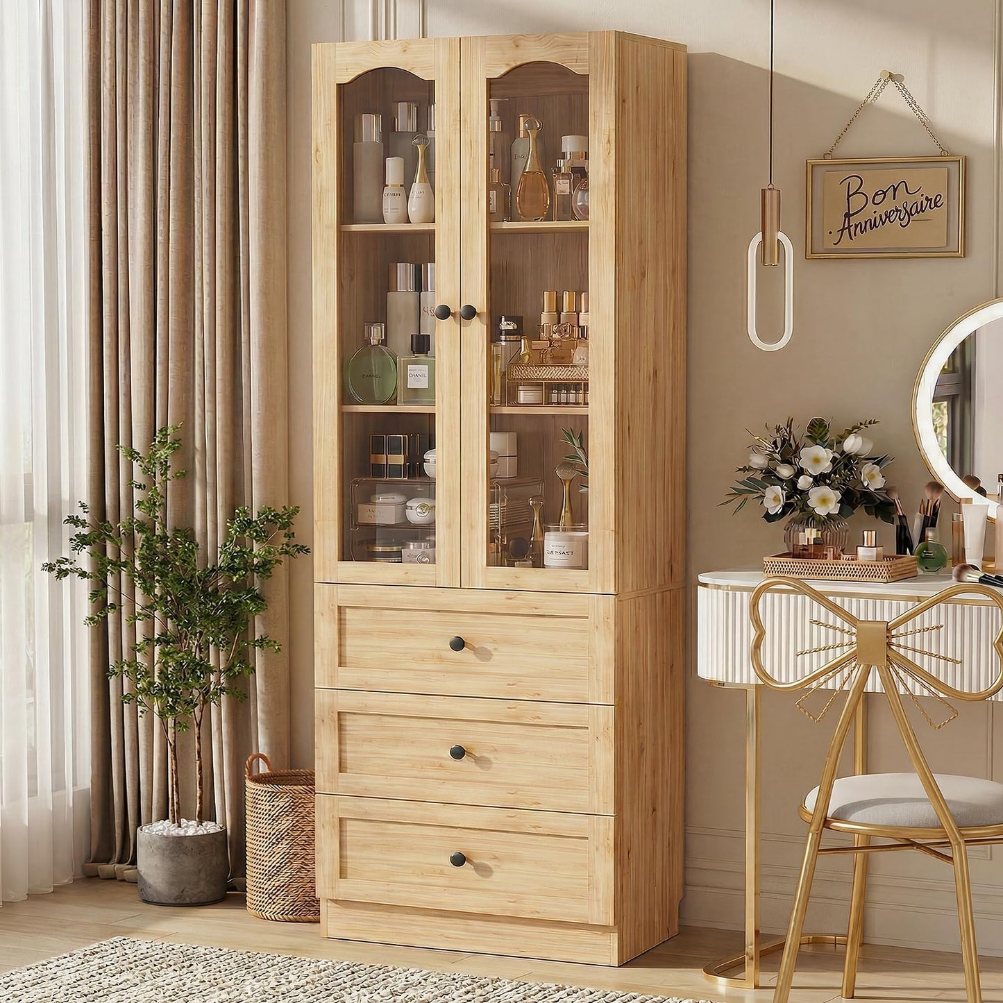 Cyclysio 80" Tall Pantry Cabinet for Kitchen Storage, Natural Oak Pantry Cabinet with Glass Doors & 3 Drawers - Freestanding Storage Bookcase with Built-in Baseboard Notch for Dining, Living Room