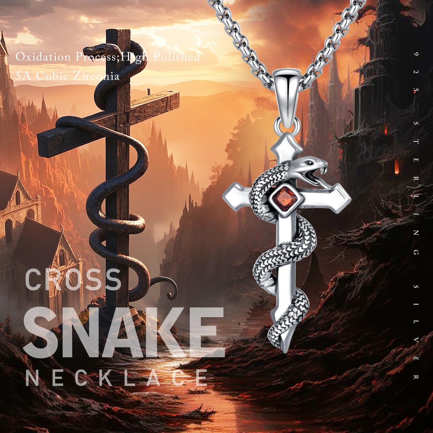 YEESIA Snake Necklace for Women Men 925 Sterling Silver Snake Amulet Cross Pendant Vintage Gothic Punk Jewelry Gifts for Men