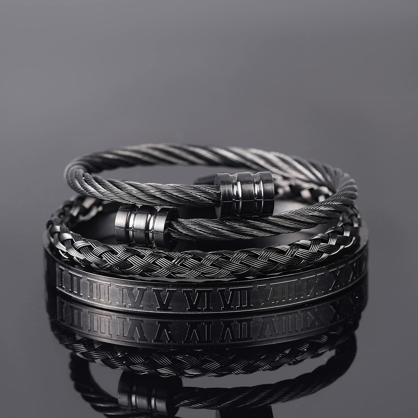 WFYOU 3PCS Stainless Steel Bracelets for Men Gold Roman Numeral Bangle Bracelet Twisted Cable Bracelet Adjustable Cuff Bracelet Mens Luxury Jewelry Bracelets Gifts