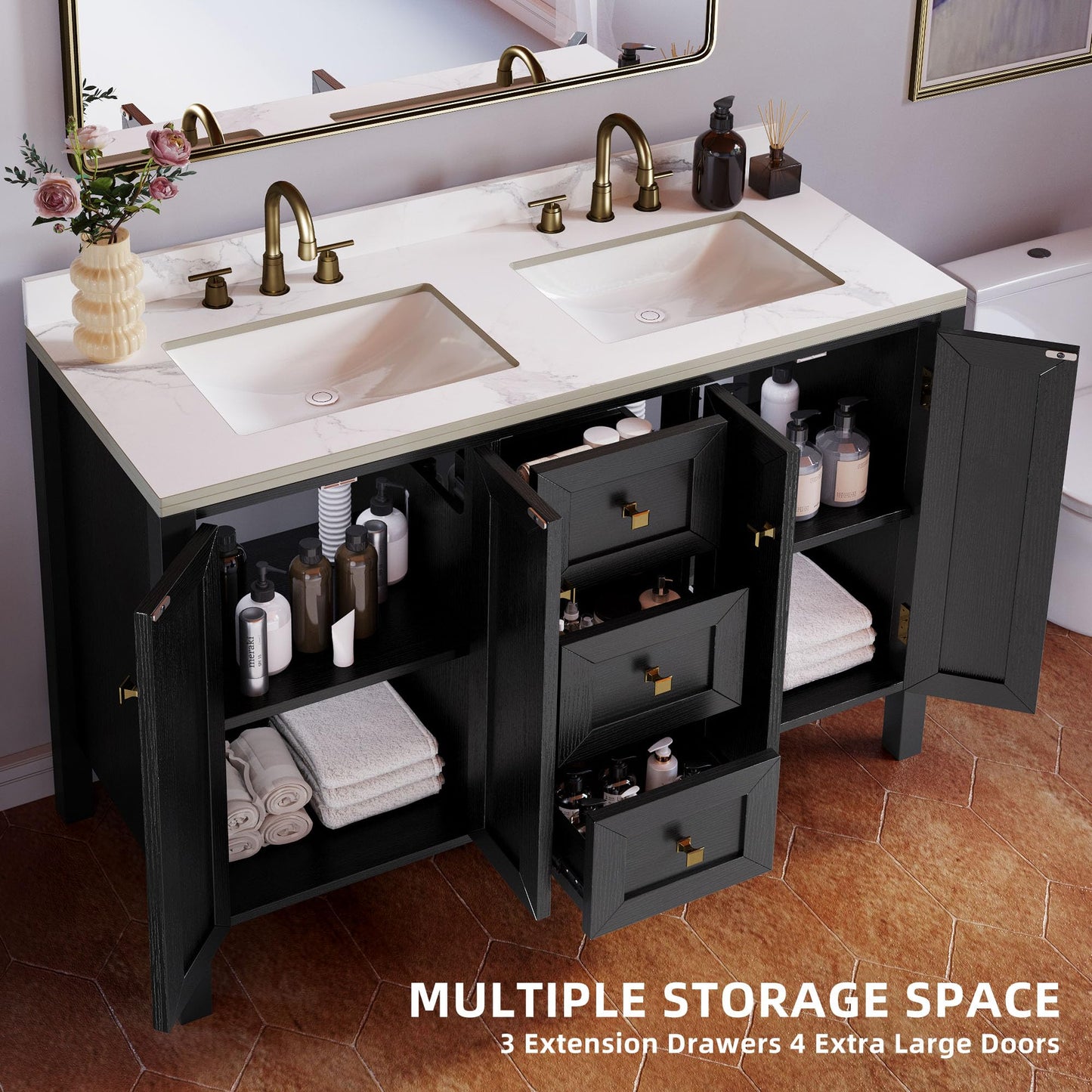 YITAHOME 47 Inch Bathroom Vanity with Double Sink, Retro Bathroom Storage Cabinet with Sintered Stone Countertop, Six Holes, 4 Doors & 3 Drawers