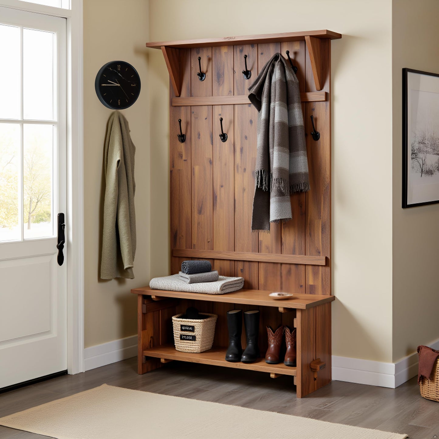 Alaterre Furniture Bethel Hall Tree with Bench – Rustic 70-Inch Entryway Organizer with 7 Metal Double Coat Hooks, Solid Wood Bench and Storage Shelves for Mudroom or Hallway (Natural Aged Brown)