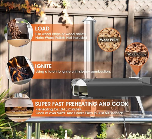 Mimiuo Outdoor Pizza Oven Wood Pellet Fired Pizza Stove with Automatic Rotating Stone, Heavy Duty Pizza Stove for Backyard Camping, Bakes Pizza in 60 Seconds, Includes Pizza Stone, Peel & Cover