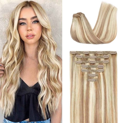 Fimislosion Real Hair Extensions Clip in Human Hair, Seamless Clip in Hair Extensions Real Human Hair, 16 Inch Clip ins extensions for women, Honey Blonde With Bleach Blonde 120G 7Pcs