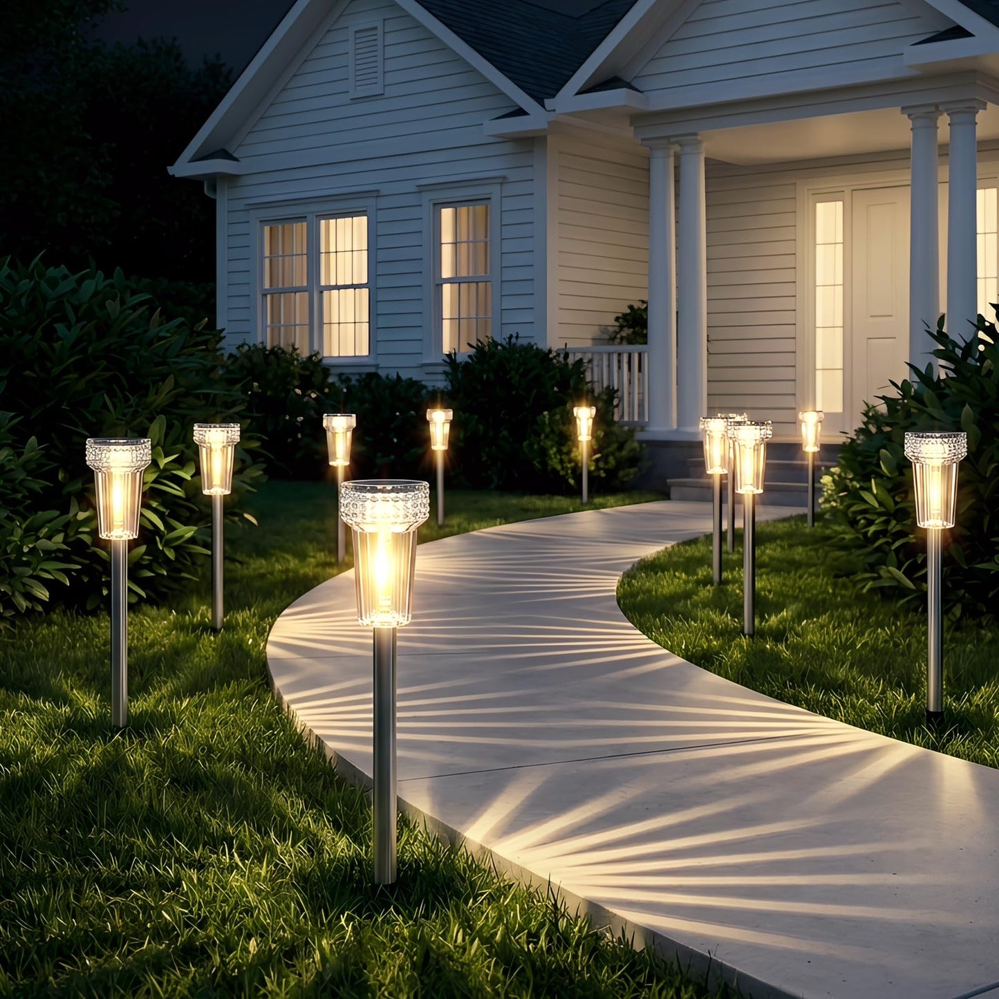 DERAYSION 12 Pack Solar Pathway Lights Outdoor, Auto Dusk-to-Dawn Landscape Garden Lighting, Waterproof Stainless Steel Pole Lighting for Path, Yard, Walkway, Garden, Driveway Decor - Warm White