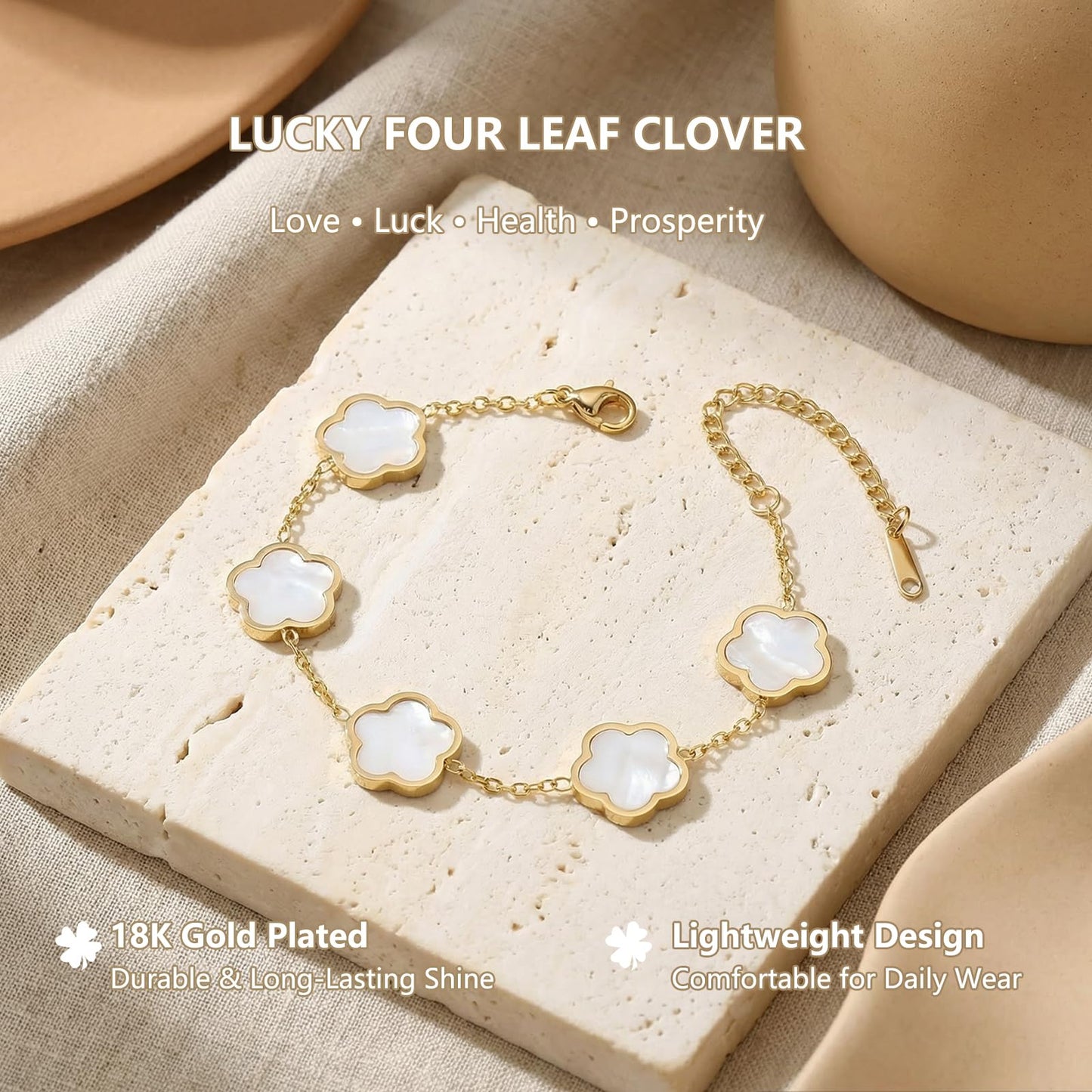 Eclatienne Four Leaf Clover Bracelet for Women – 18K Gold Plated Stainless Steel Lucky Bracelet, Adjustable 4 Leaf Charm Jewelry Gift (White Floral)