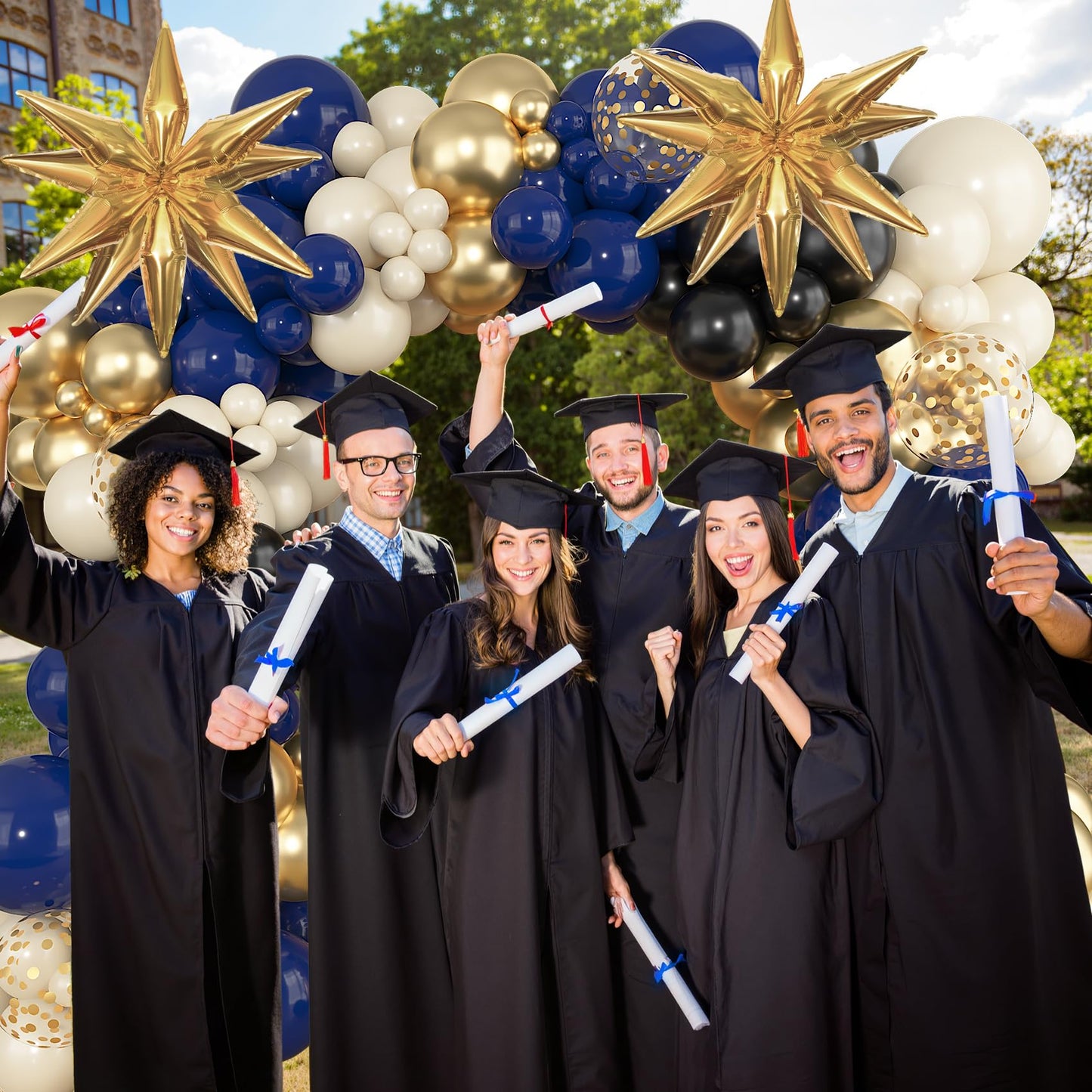 Amandir Navy Blue Gold Balloons Garland Arch Kit for Graduation Party Decorations, 145Pcs Gold Black Confetti Balloons with Foil Star for 2026 Graduation College Congrats Grad Class Birthday Supplies