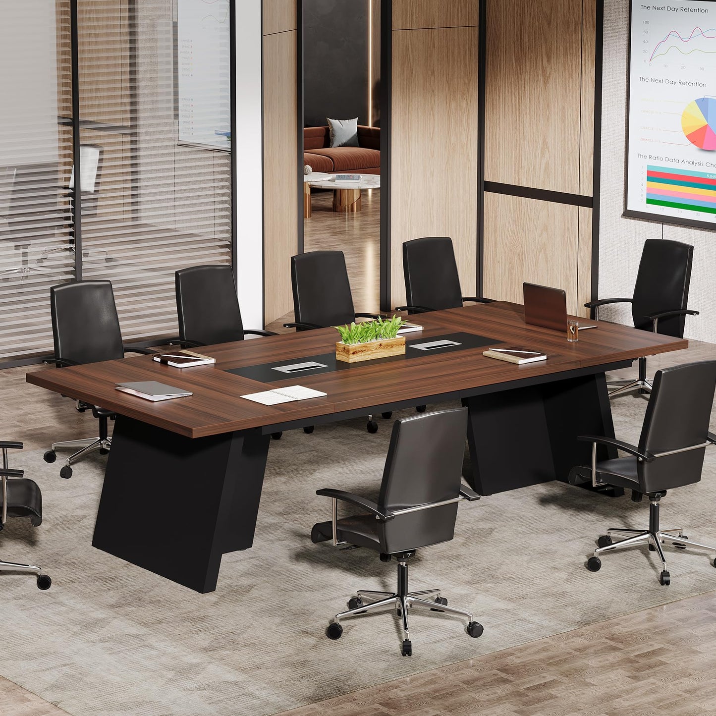 Tribesigns 8ft Conference Table, Large Meeting Table for 8-10 People, Business Seminar Furniture for Office Conference Room, Walnut & Black (4, Walnu+ Black)