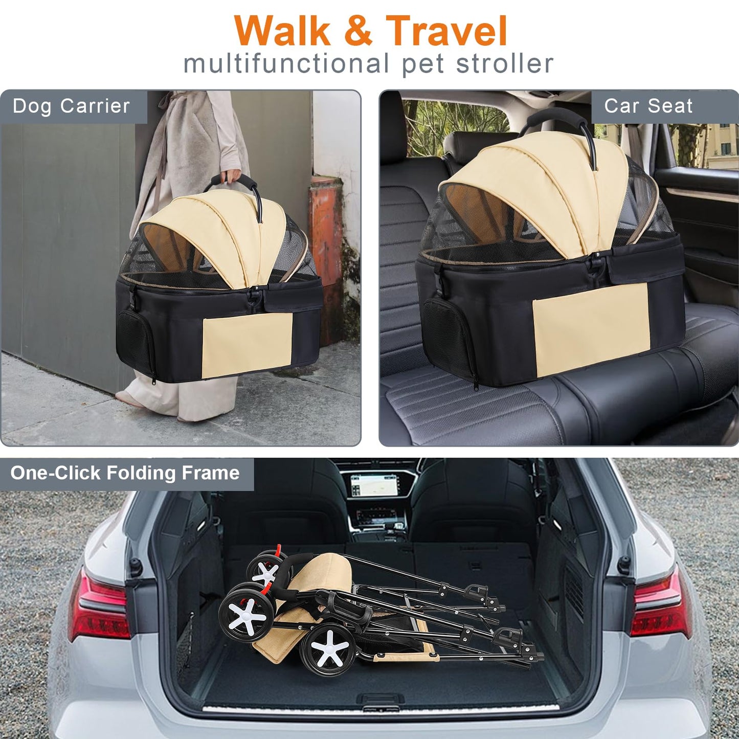 3 in 1 Pet Dog Stroller for Small Medium Dogs 10-50 lbs, Foldable Cat-Strollers for 2-Cats with Removable Carrier, Pet-Strollers for Cats with Storage Bag, Small Puppy-Stroller, Dog-Cart (Brown)