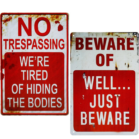 2 Pack Retro Metal Signs Decorations, 8” x 12” Indoor Outdoor Vintage Bar Decor Yard Signs, Beware of Well Just Beware & No Trespassing