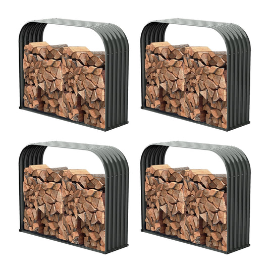A ANLEOLIFE 4-Set Galvanized Steel Firewood Storage Rack with Weatherproof Corrugated Roof, Heavy Duty Outdoor Log Holder for Patio Porch Fire Pit, Trio Gray