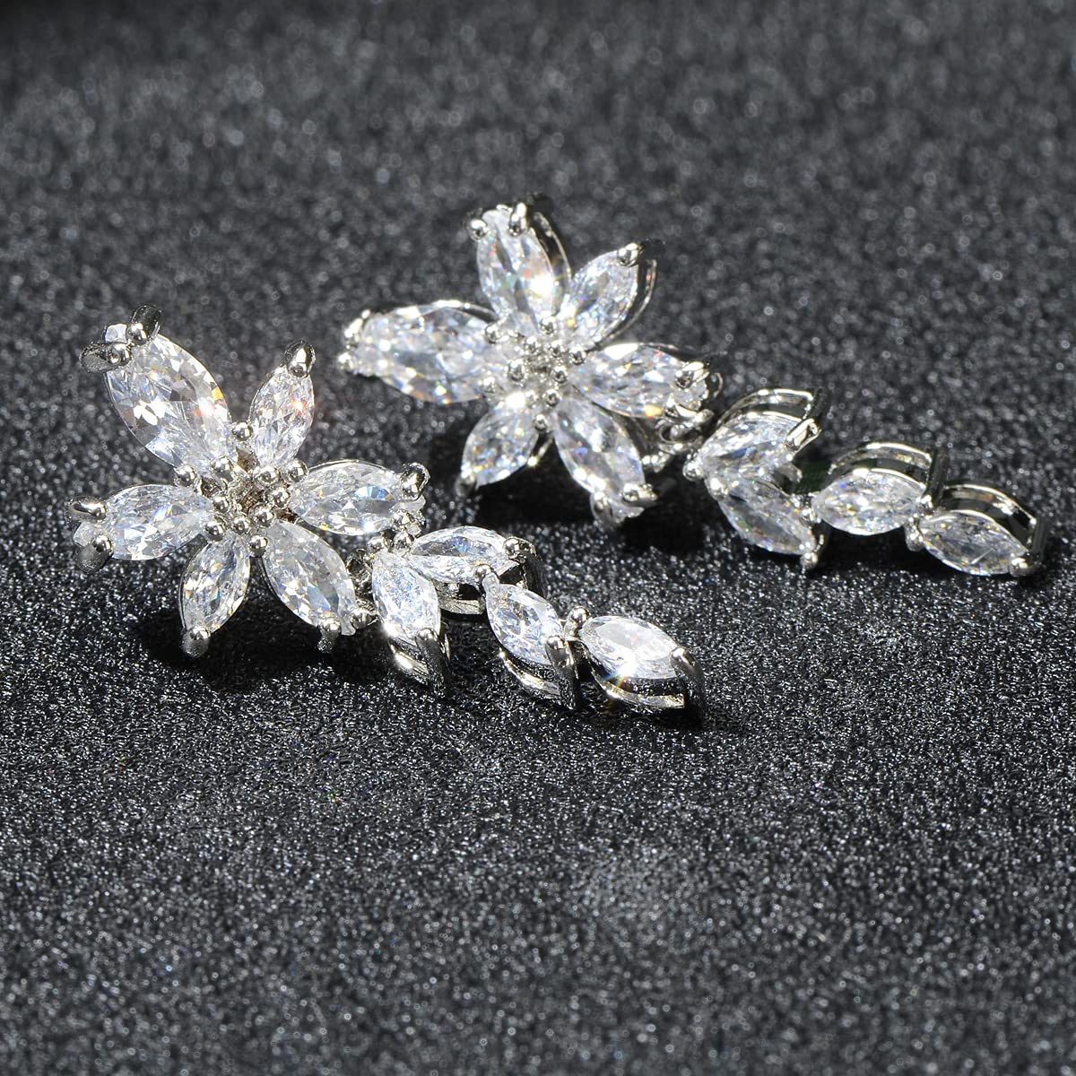 Women's Cubic Zirconia Bridal Earrings - Silver Marquise CZ Cluster Floral Leaf Crystal Rhinestone Dangle Drop Earring for Bride Bridesmaids Mother of Bride Party Prom
