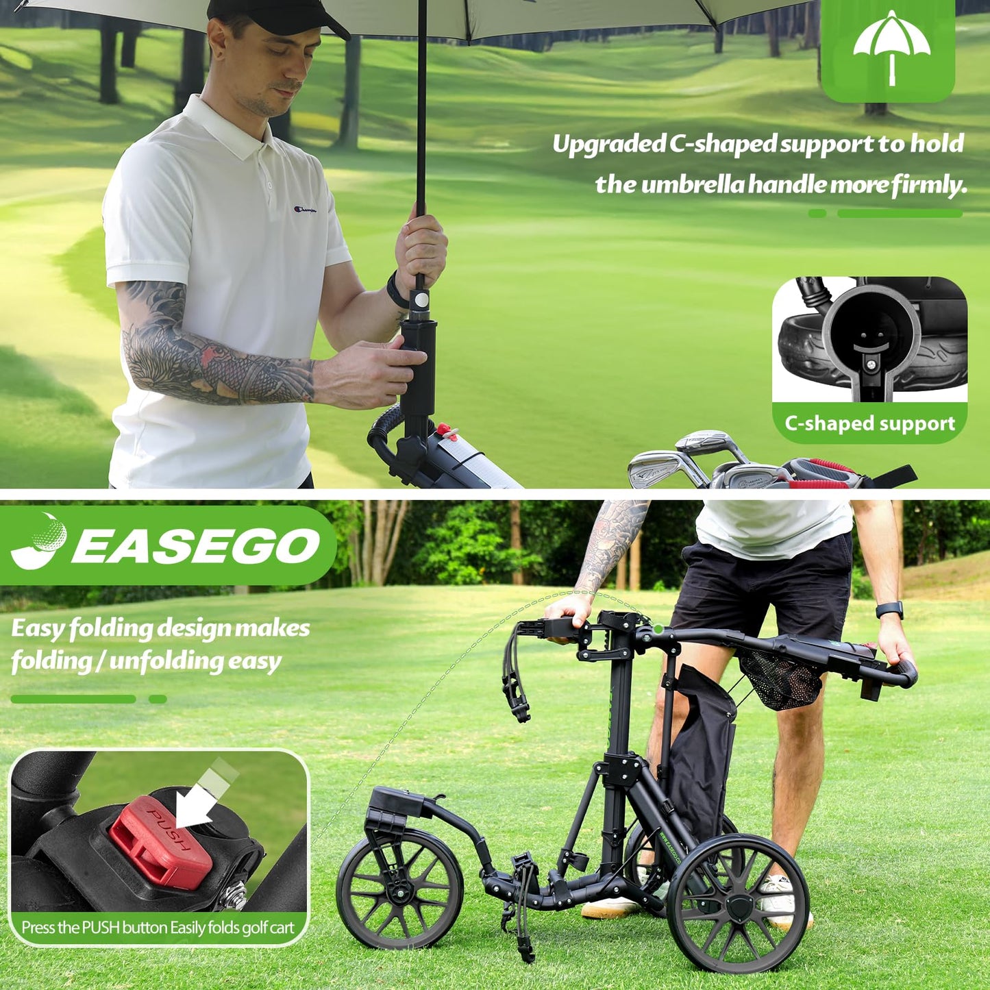 EASEGO Golf Push Cart 3 Wheel : 360° Swivel Front Wheels with Phone Holder/Cup Holder/Umbrella Holder/Foot Brake Quick Fold Golf Walking Push Pull Carts All-Terrain Golf Caddy Carts(Black)