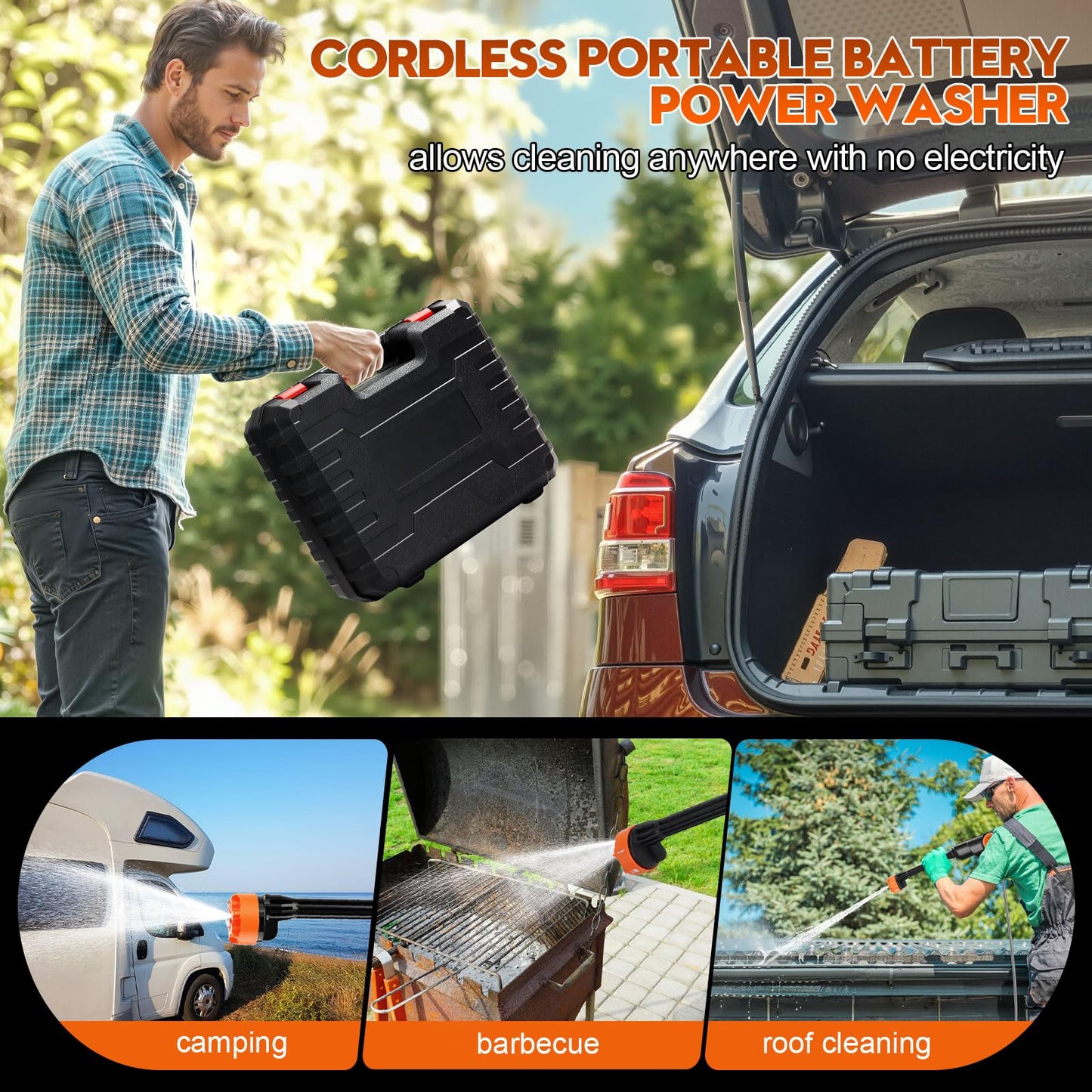 Cordless Pressure Washer Battery Powered, Portable Power Washer, Handheld Car Washer with 6-in-1 Nozzle,17FT Drain Hose, Power Cleaner for Patio Floor Fence Deck Indoor