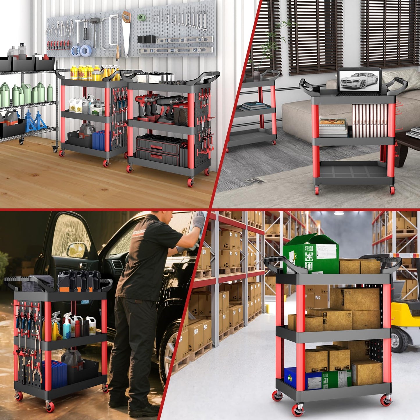 AIRAJ Rolling Utility Cart | 3-Tier Utility Cart on Wheels | Mechanic Rolling Tool Cart on Wheels | Detailing Carts | Work Carts for Garages,Warehouses,Repair Shops | with Pegboard | 440 Lbs