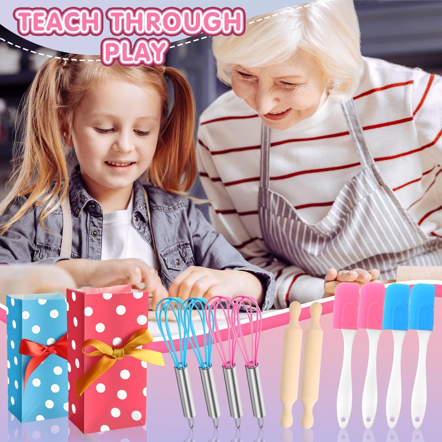 Glimin 48 Pcs Kids Mini Baking Supplies with Spatula, Rolling Pin, Whisk, Gift Bags for Kids Cooking Classroom School Exchange Party Favors