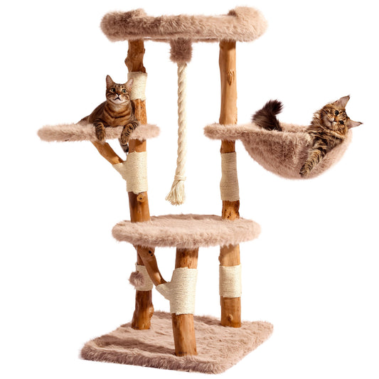 Aesthetic Cat Tree Tower for Large Cats, Large Cat Tree for Maine Coon Indoor Cats with Faux Fox Fur, Solid Wood Sisal Scratching Post, Hammock, Perches, Platform, Toy Ball