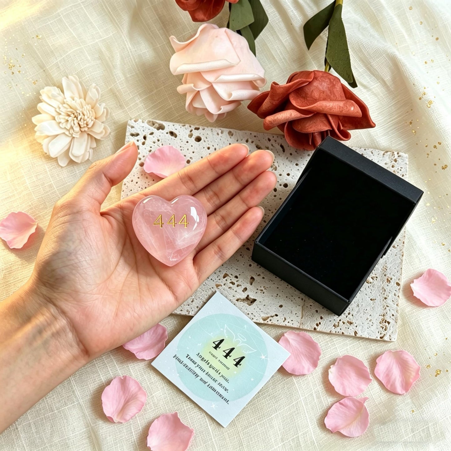 444 Angel Number Rose Quartz Heart Worry Stone - Spiritual Love Crystal Healing Pocket Rock for Women, Polished Heart Shaped Reiki Stone (Engraved 444)