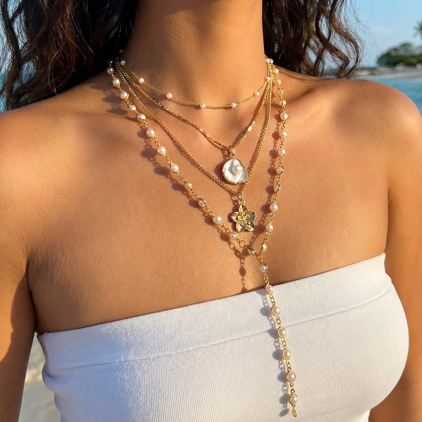 Shell Starfish Necklace for Women, Gold Plated Boho Layered Pendant Necklace with Pearl Conch Charm, Dainty Coastal Summer Beach Vacation Jewelry Gifts(Pearl 4Pcs)