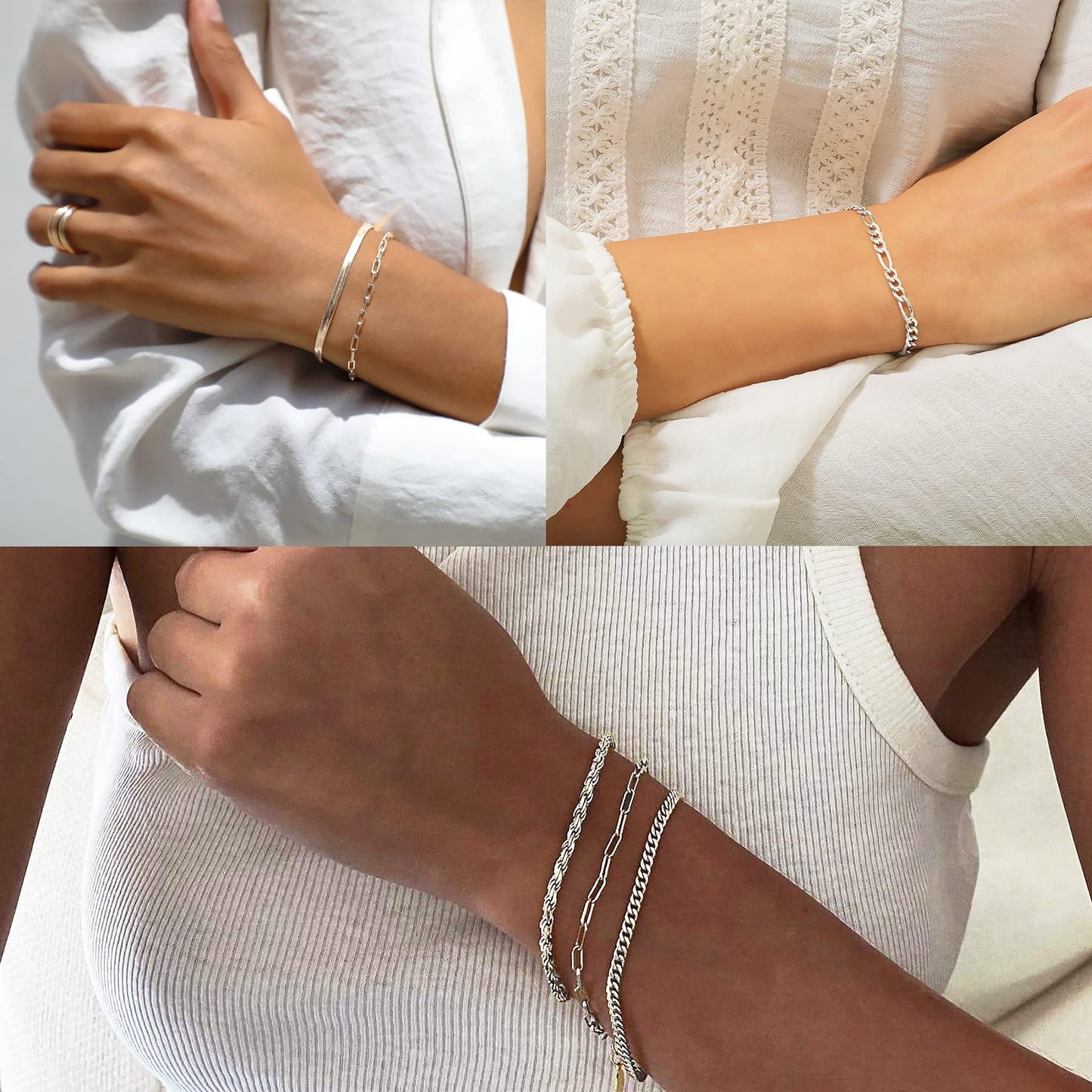 DEARMAY Silver Plated Bracelets for Women Dainty Silver Jewelry Sets for Trendy Stackable Paperclip Rope Snake Box Figaro Chain Bracelets Pack Costume Fashion Gifts for Womens