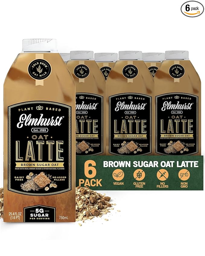 Elmhurst 1925 Brown Sugar Oat Milk Latte â Plant-Based, Vegan, Dairy-Free Latte Made of Whole Grain Oats, Cold Brew Premium Arabica with 95mg Caffeine & Real Brown Sugar â 25.4oz (Pack of 6)