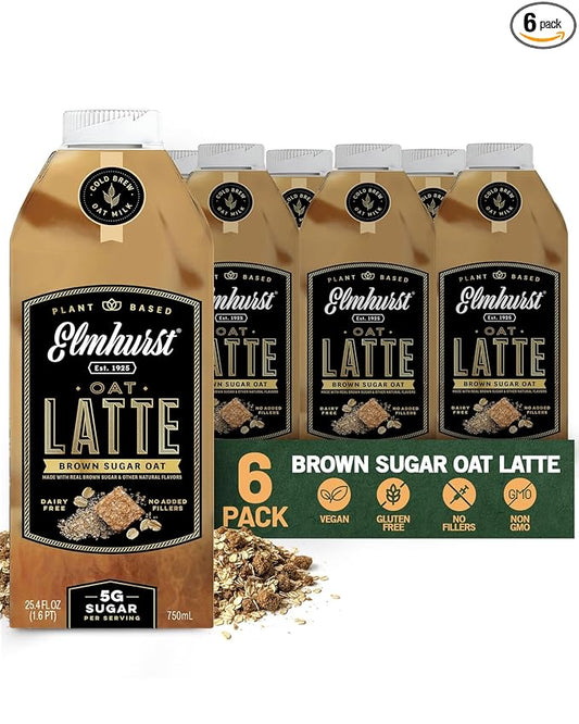 Elmhurst 1925 Brown Sugar Oat Milk Latte â Plant-Based, Vegan, Dairy-Free Latte Made of Whole Grain Oats, Cold Brew Premium Arabica with 95mg Caffeine & Real Brown Sugar â 25.4oz (Pack of 6)