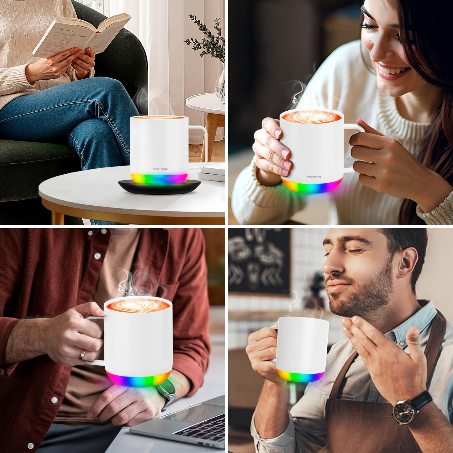 Vsitoo S6 Plus Smart Coffee Mug, 12oz,Temperature Controlled Mug & Electric Coffee Mug with Music Sync Lights，Auto-Sensing AI Heats Drinks to 120-150°F Hands-Free. Ideal for Home/Office/Gifts - White