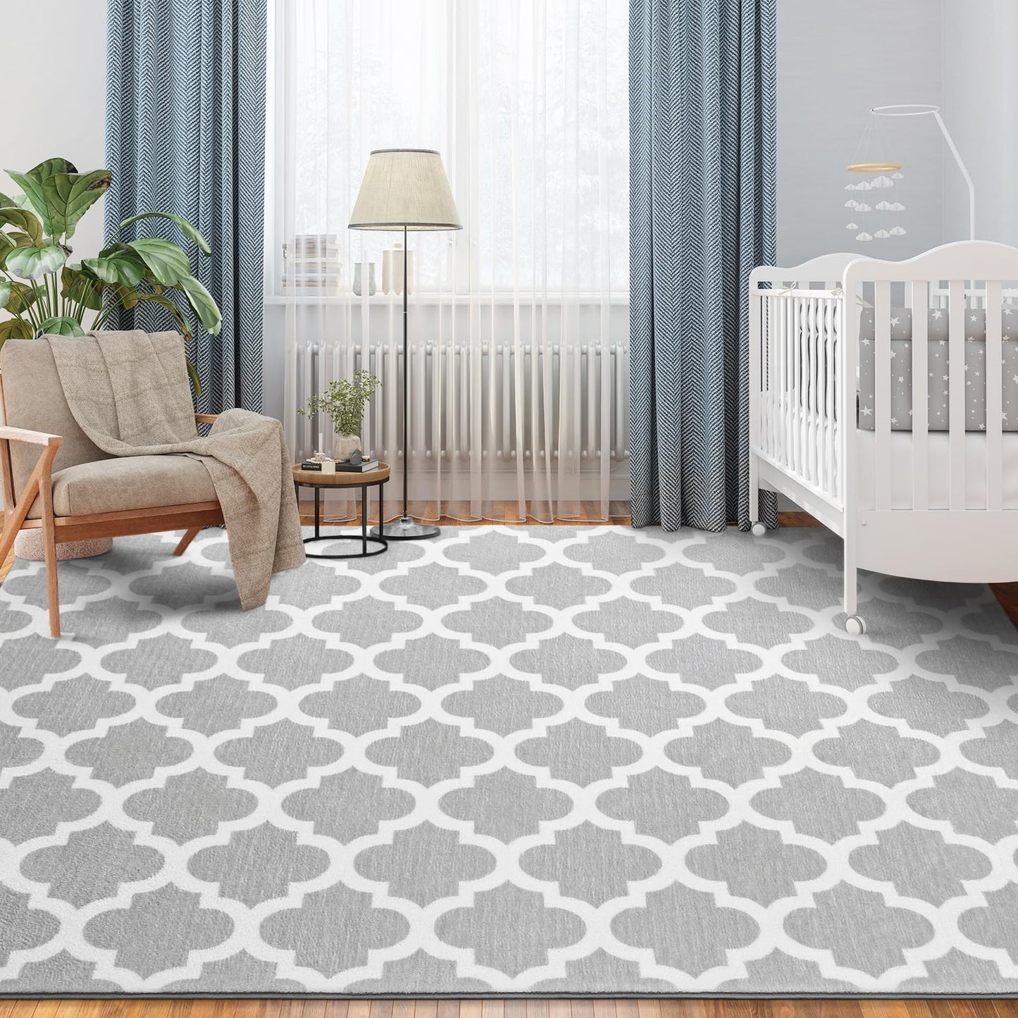 Jelymark Shag Moroccan Area Rug for Living Room, 8x10 Feet Modern Geometric Rug, Fluffy Distressed Faux Wool Floor Carpet, Memory Foam Rug for Bedroom Nursery Kids Room Home Decor, Light Grey/White