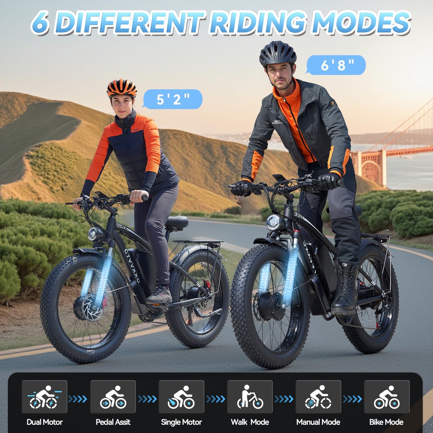 6000W Peak Dual Motor Ebike for Adults - 52V 34Ah Fast Electric Bike for Men Women 45 MPH,Up to 100 Miles,24" Fat Tire Lockable Suspension Electric Bicycle for Snow Off-Road Commuter Mountain E-Bike