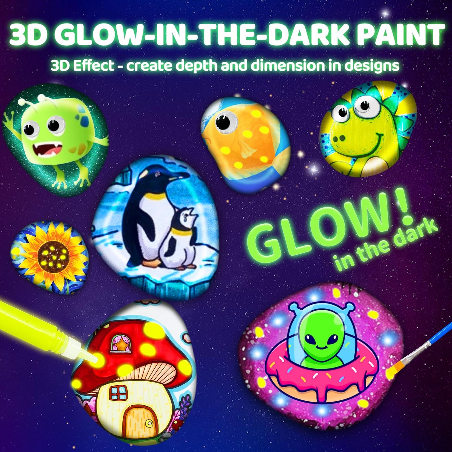 MindPal Kids Rock Painting Kit, 14 Pebbles for Painting - Glow in The Dark Rock Kit - Arts and Crafts for Kids Ages 6-12, Birthday Christmas Gift for Boys and Girls