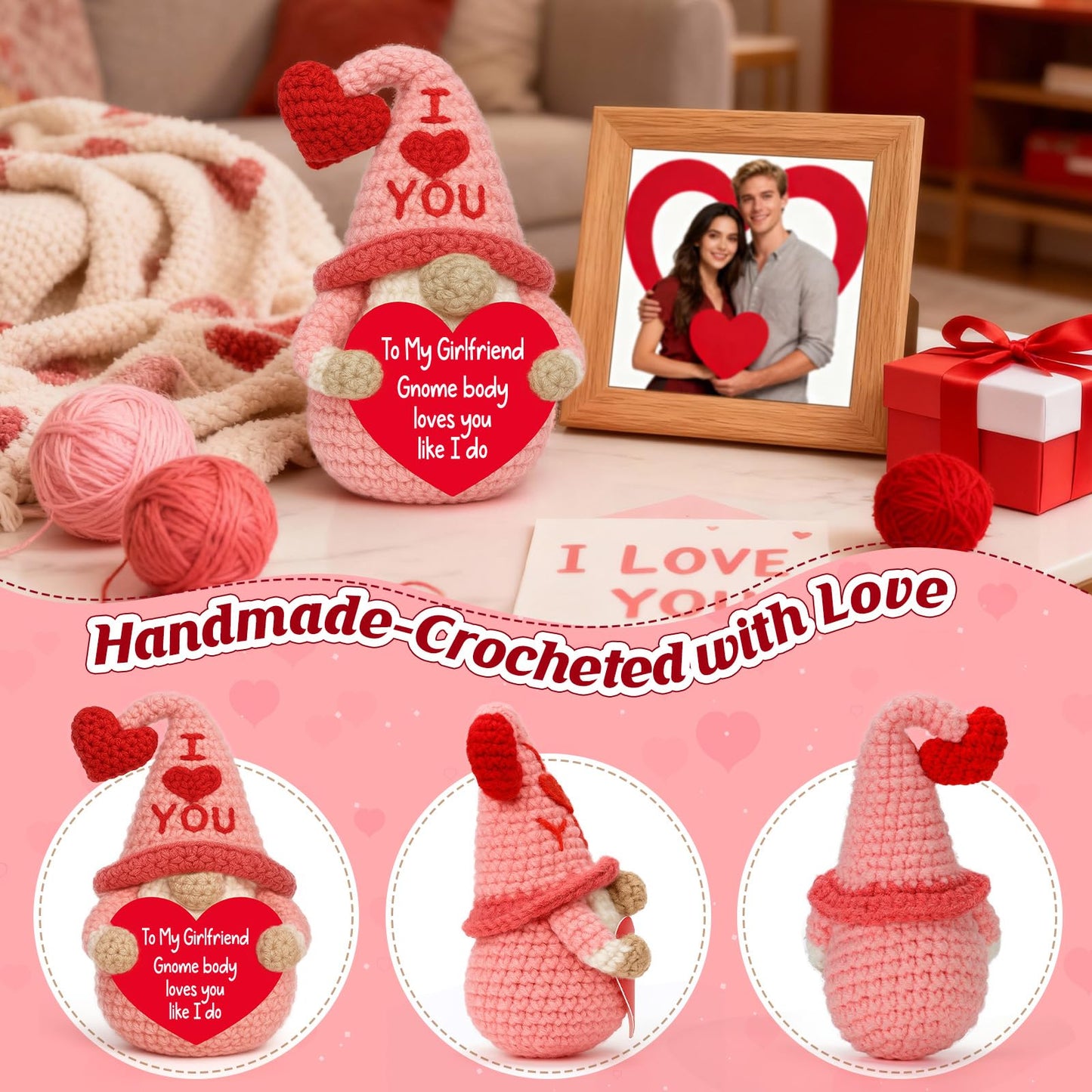 YUEYUQIU Girlfriend Gift from Boyfriend - Cute Handmade Crochet Gnome, Romantic I Love You Gift for Her, Valentines Anniversary Birthday Xmas Presents for Girlfriend - Christmas Stocking Stuffer Gifts
