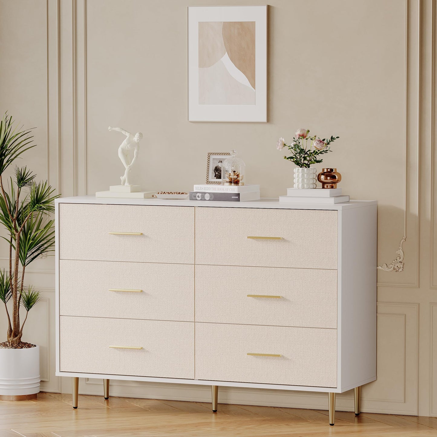 IDEALHOUSE 6 Drawer Dresser, Modern White Chest of Drawers with Gold Metal Legs and Handles, Large Wooden Dresser with Drawers, Storage Cabinet for Bedroom, Living Room, Entryway