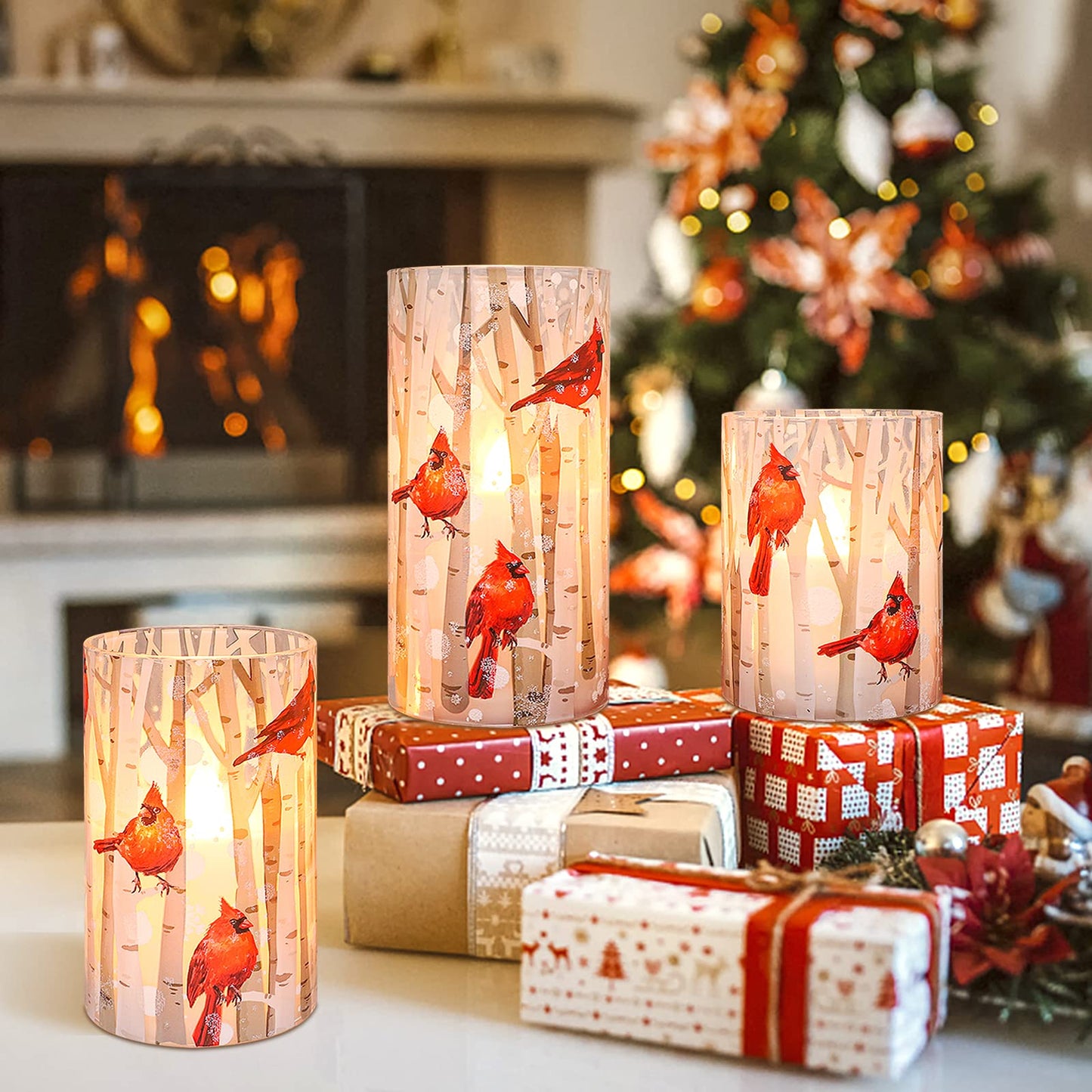 Crystal Club Flameless Candles, Cardinal Theme, (Set of 3) Battery Operated LED Candles with Remote, Real Wax & Glass Effect Candle with Timer for Christmas Home Festival Décor
