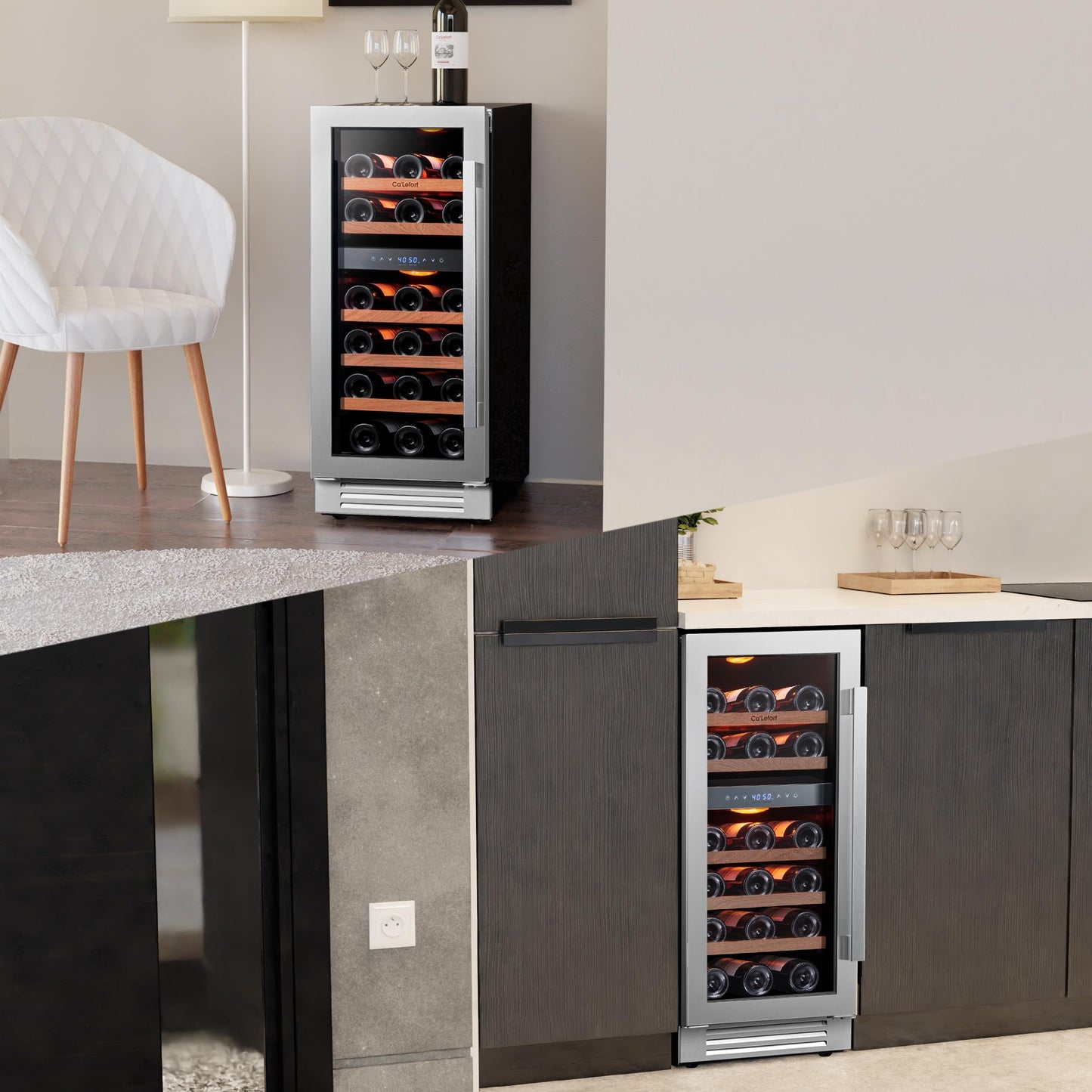 Ca'Lefort 15 Inch Wine Fridge - 28 Bottles Dual Zone Wine Cooler with Glass Door, 40-65° Temp Control, Adjustable Shelf & 3 LED Light Built-in or Freestanding for Home Bar Kitchen Left-Hinged Door