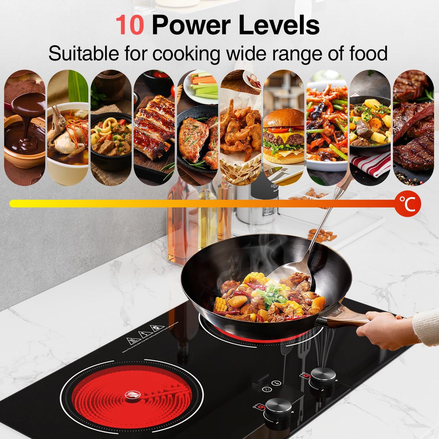 GTKZW 4000W Electric Cooktop: 24" Electric Stove 2 Burner Hot Plate Double Burner, Knob Control Countertop & Built-in, 9 Power Levels, Child Lock, Timer, Suitable for All Pans