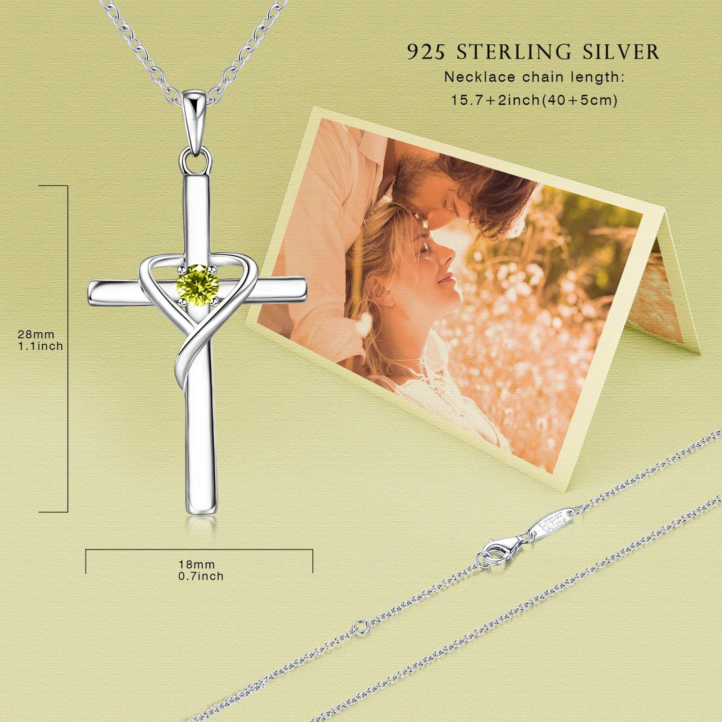 AmorAime 925 Sterling Silver Cross Necklace for Women Men 14K Gold Plated 5A CZ Birthstone Necklaces for Holiday (H.Green-August-Peridot)