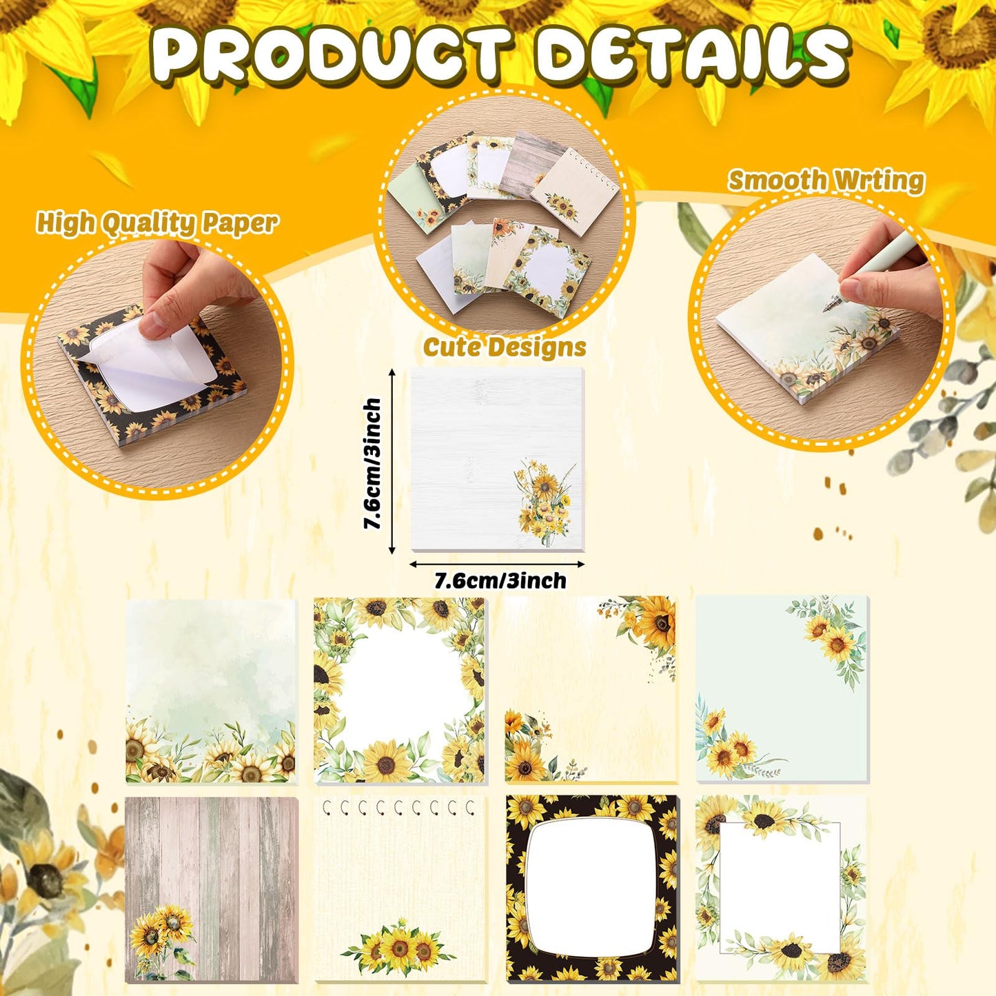 Saypacck 18 Pcs Sunflower Desk Accessories, 9 Pads Cute Sticky Notes, 9 Kawaii Pens, 3 x 3 Inches Notepads Memo Pad for Office Supplies Meeting Students School Decor Teacher Gifts