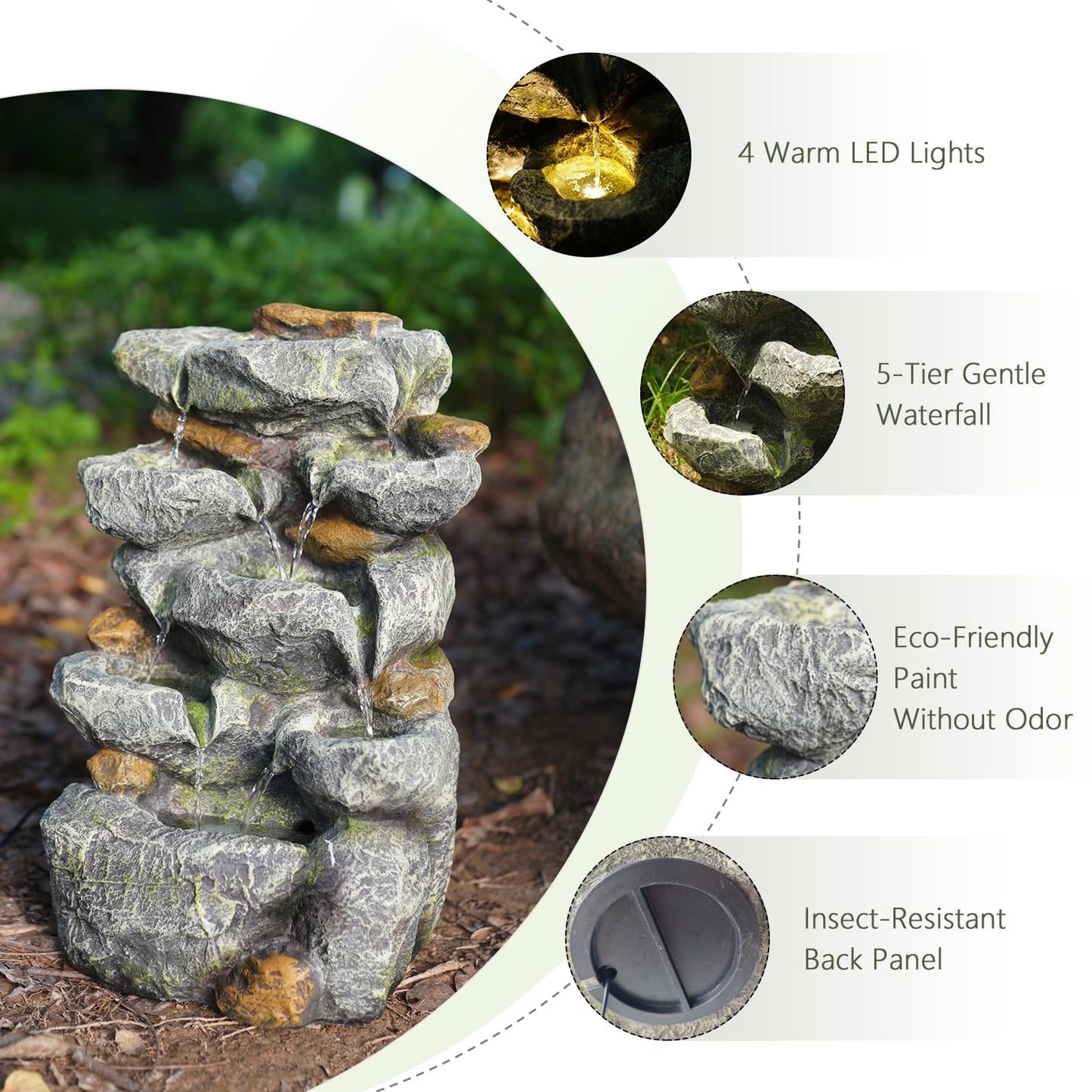 KAISOKU Solar Water Fountain Outdoor Garden, 24" H Cascading Stone Design 5 Tier Rock Feature Outdoor Fountains Waterfalls with Light, Pump Solar Panel for Patio, Deck, Porch, Backyard Home Décor