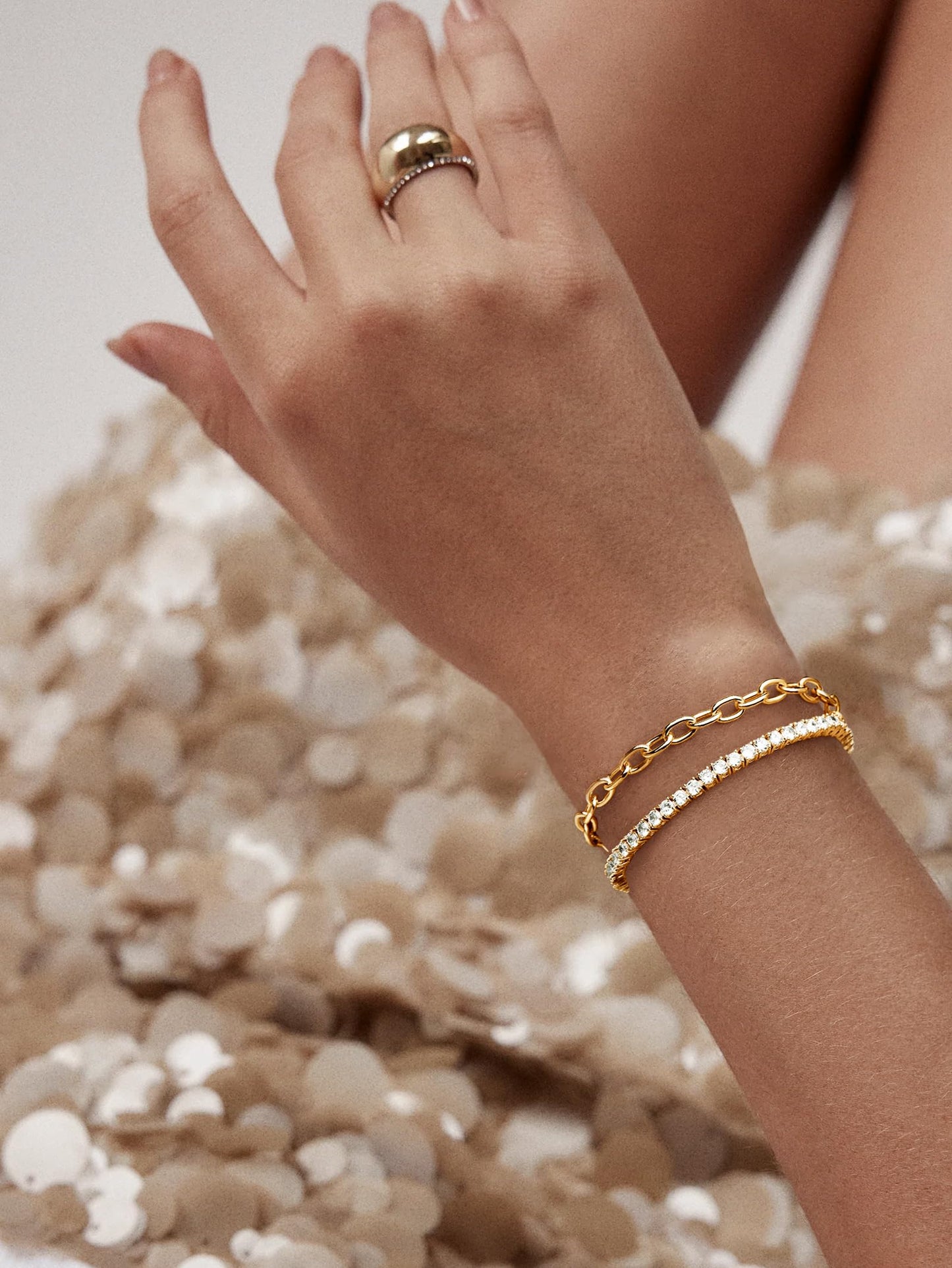 5PCS Gold Bracelet for Women Trendy, 14K Gold Plated Tennis Chain & Cuff Bracelets Set Dainty Cute Gold Stackable Bracelets Non Tarnish Gold Jewelry Set Gift