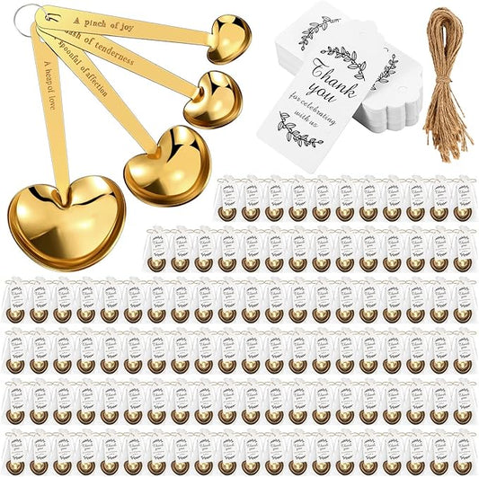 Umigy 100 Set Heart Shaped Measuring Spoon Tea Spoons Wedding Baby Shower Favors for Guests Set Heart Shape Drawstring Organza Bag Gift Tag Rope for Wedding Bridal Shower Souvenir (Gold)