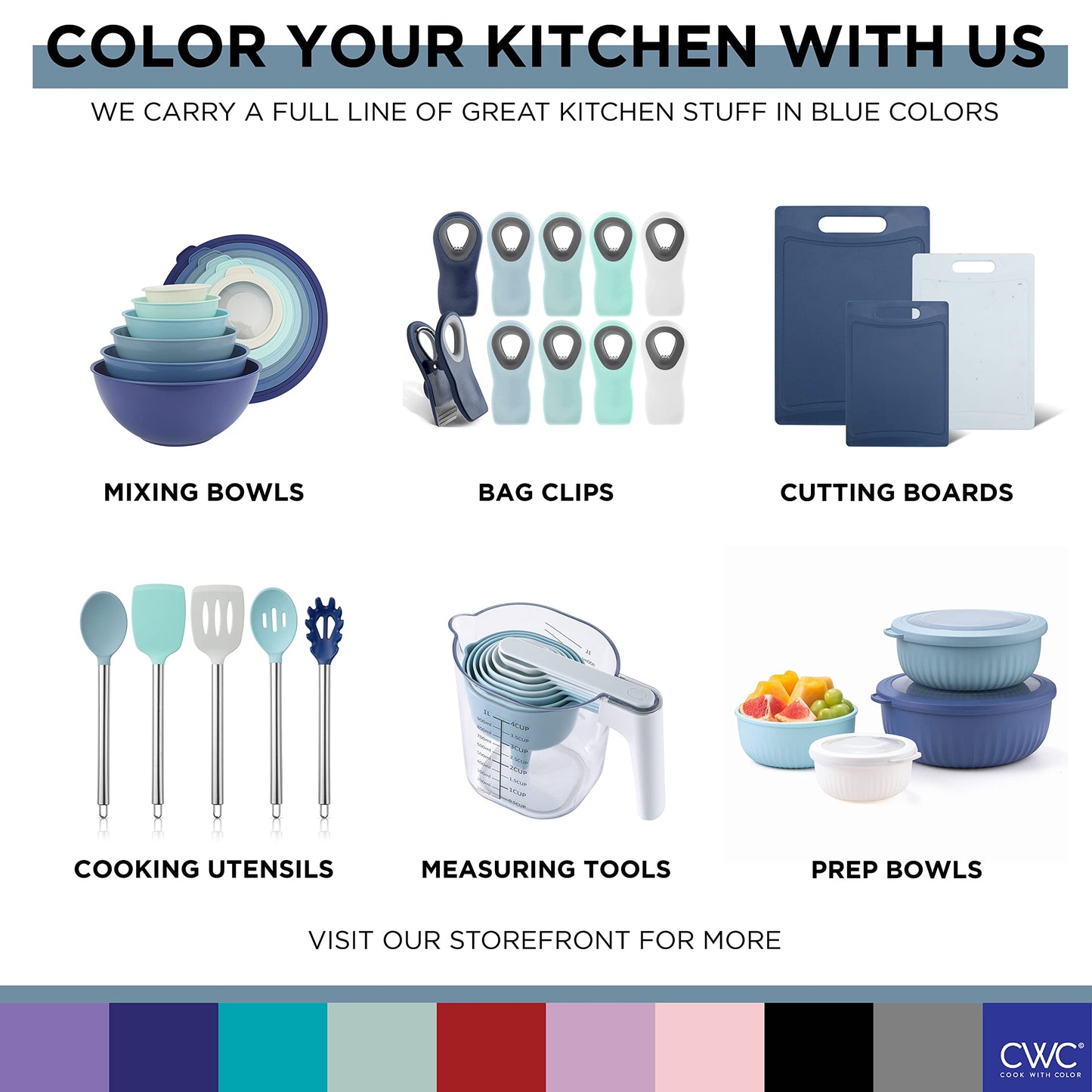 COOK WITH COLOR Mixing Bowls with Lids - 12 Piece Plastic Nesting Bowls Set includes 6 Prep Bowls and 6 Lids, Non Slip Bottom and Embossed Design - Microwave Safe (Blue)