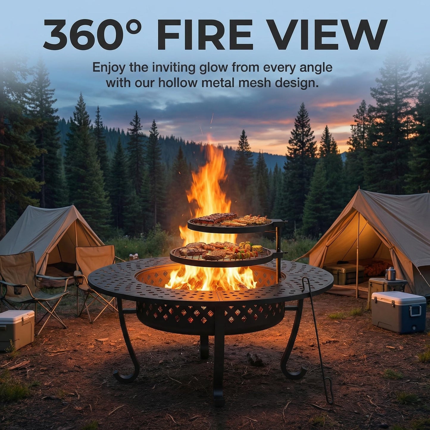 Outdoor Fire Pit, 43" Fire Pit for Outside Wood Burning with Adjustable 2 Grills, Outdoor Fireplace with Lid and Fire Poker, BBQ, Bonfire, Round Firepit 3 in 1 for Patio, Backyard, Garden, Black