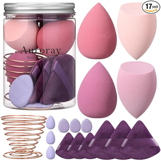 17PCS Makeup Sponge Set for Foundation with 6PCS Powder Puff, 3PCS Mini Makeup Sponges, 3PCS Foundation Mini Make Up Sponge Puff and 1PCS Make Up Sponges Holder