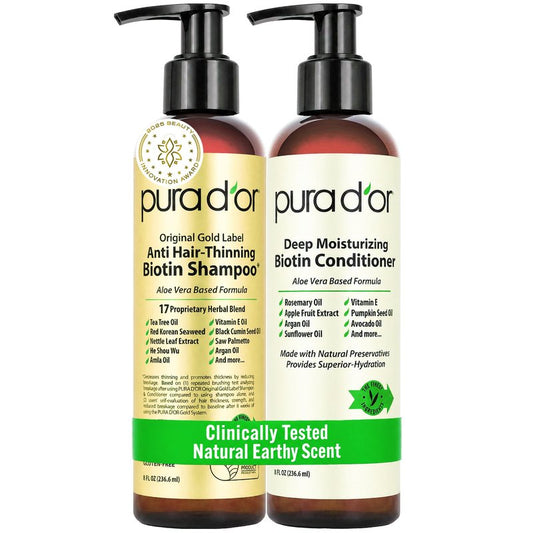 PURA D'OR Anti-Thinning Biotin Shampoo and Conditioner, CLINICALLY TESTED Effective Results, Herbal Blend Thickening Products For Women & Men, Original Gold Label Set, Natural Earthy Scent, 8oz x2