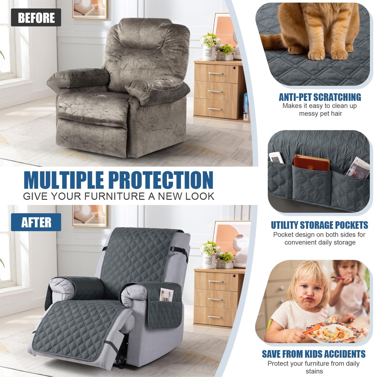 TAOCOCO 100% Waterproof Recliner Covers, Recliner Sofa Covers with Leg Straps, Reversible Recliner Couch Cover for Reclining Chair, Washable Couch Protector for Pets Kids(1 Seater 22", Dark Gray)