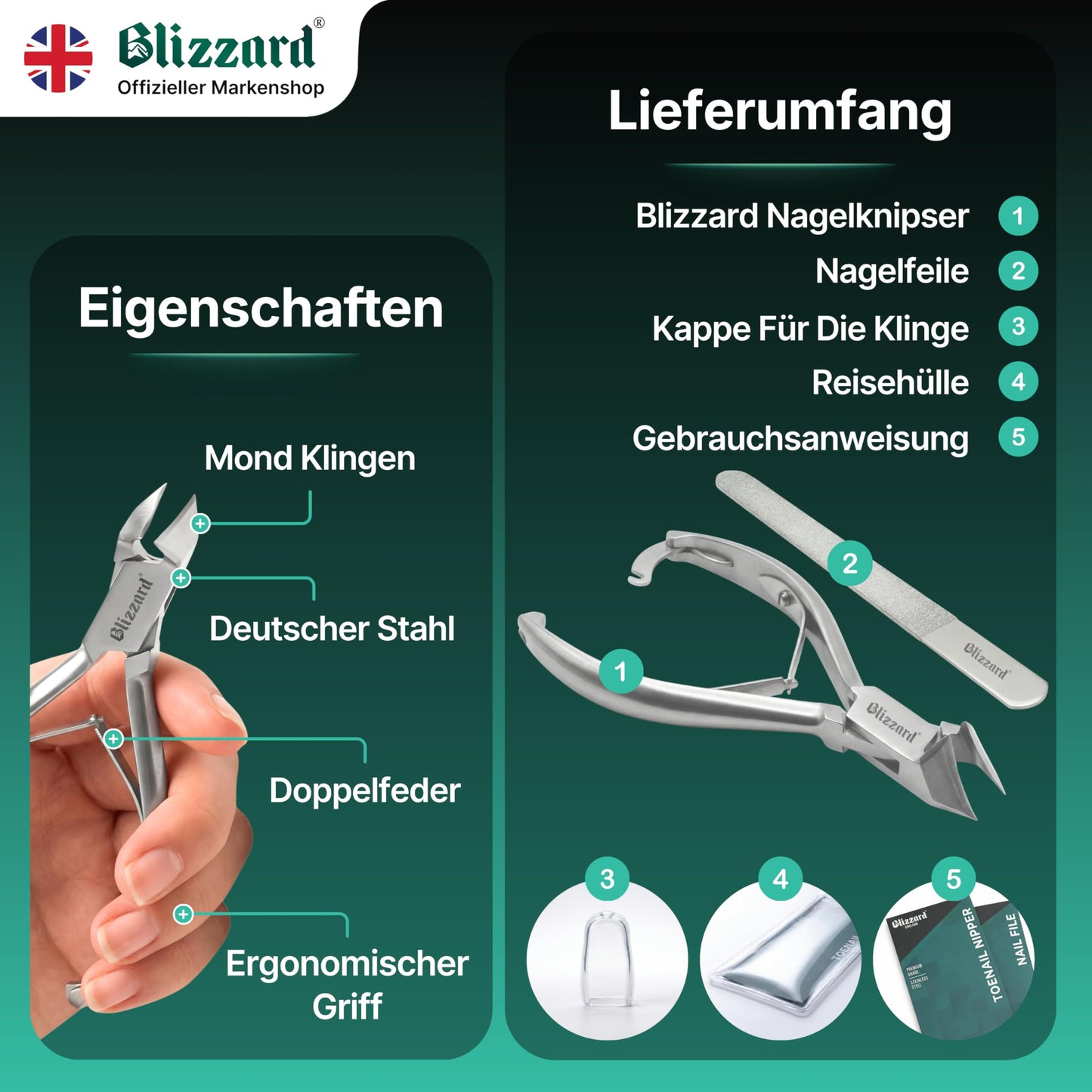 Blizzard Nail Clippers for Thick Nails - Podiatrist Nail Nippers for Seniors - Heavy Duty Toe Nail Clippers for Men - German Steel Podiatry & Chiropody Tool with Toenail File - 14cm Moon Head