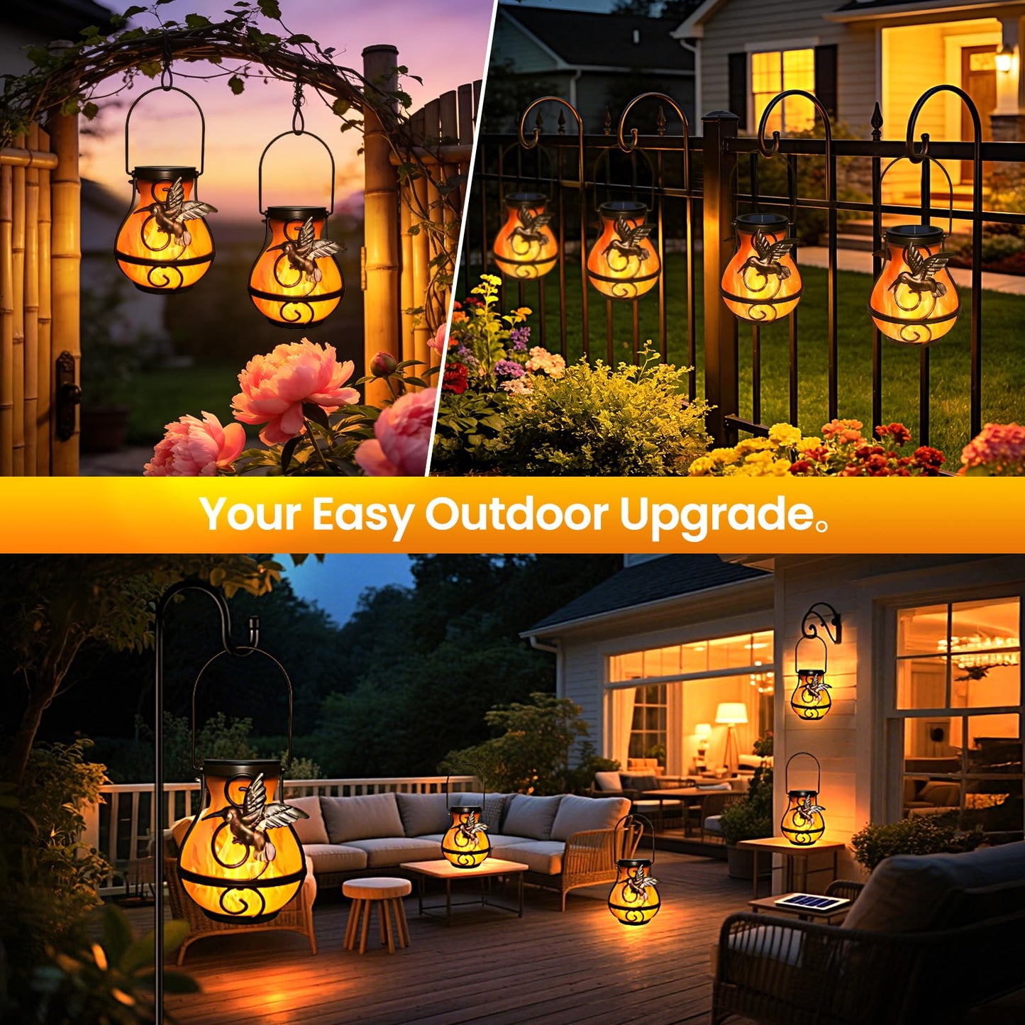 2 Pack Solar Lanterns Outdoor Waterproof, Plastic Flickering Flame Lights with Hummingbird Design, Hanging Solar Lantern for Patio, Porch & Garden Decoration, Gifts for Women, Mom