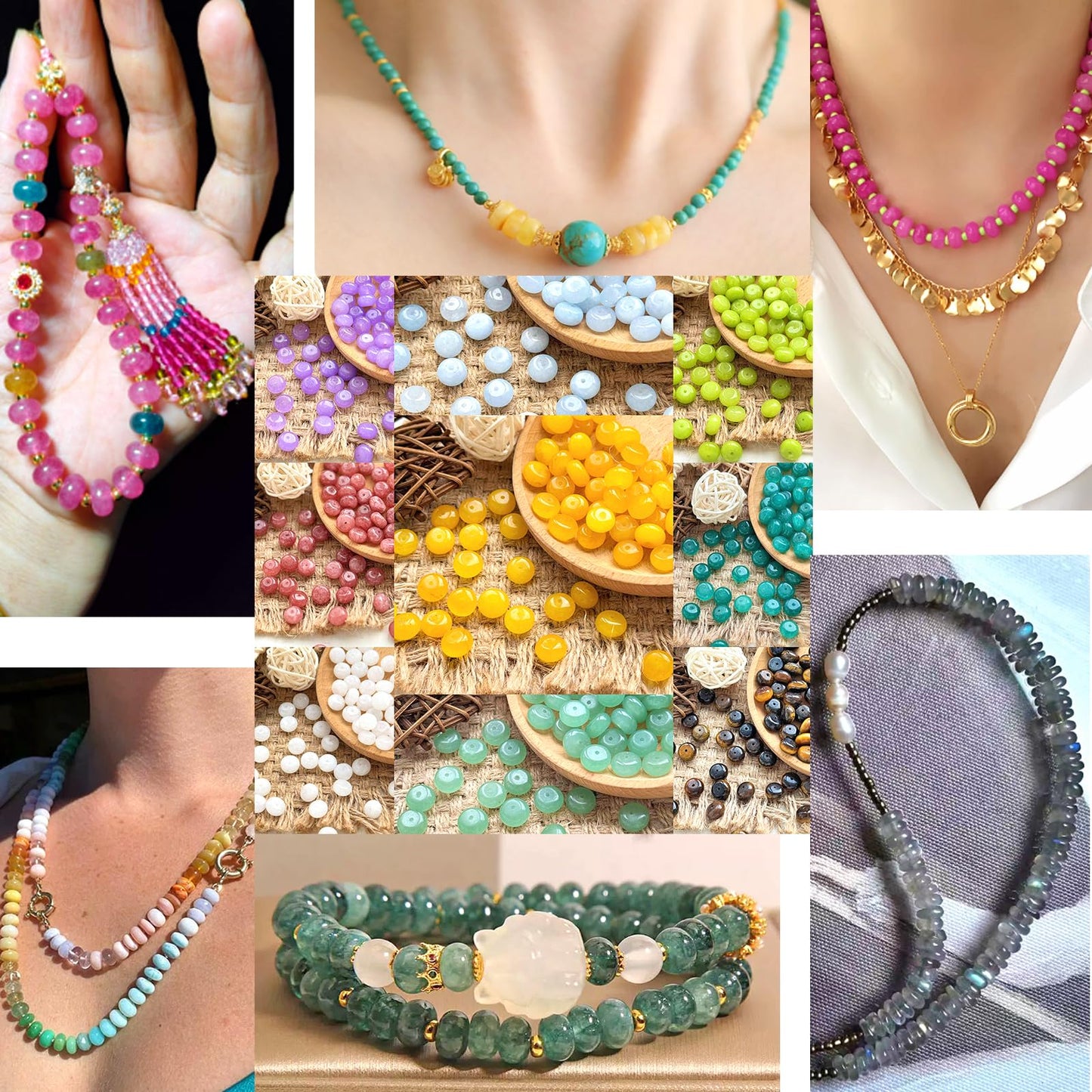 5x8mm 76pcs Natural Stone Pictures Jaspers Rondelle Spacer Loose Beads Abacus Disk Stone Round Loose Gemstone Beads for Jewelry Making DIY Bracelet Necklace