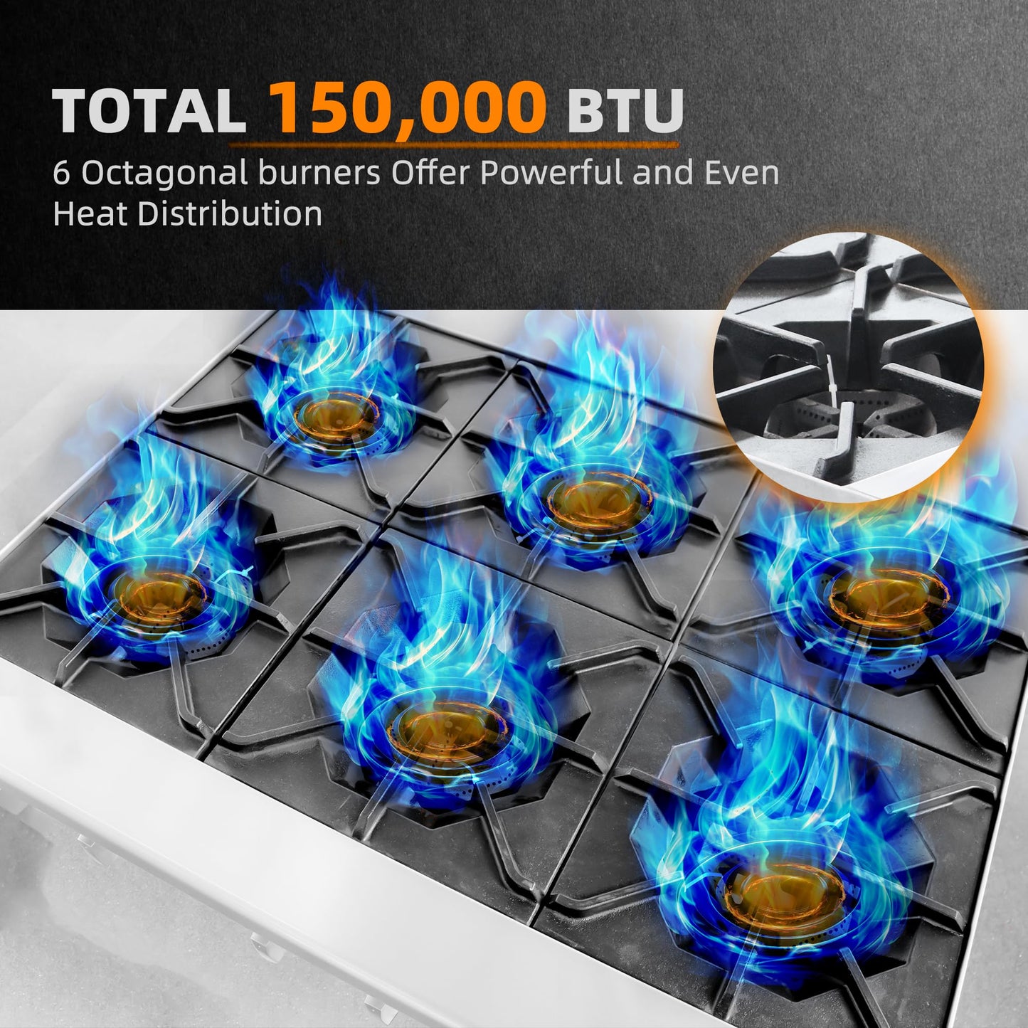 6 Burner Commercial Hot Plate, 36" Countertop Gas Stove Stainless Steel Natural Gas Range with Propane Conversion Kit Cooking Equipment for Restaurant Kitchen-150000 BTU