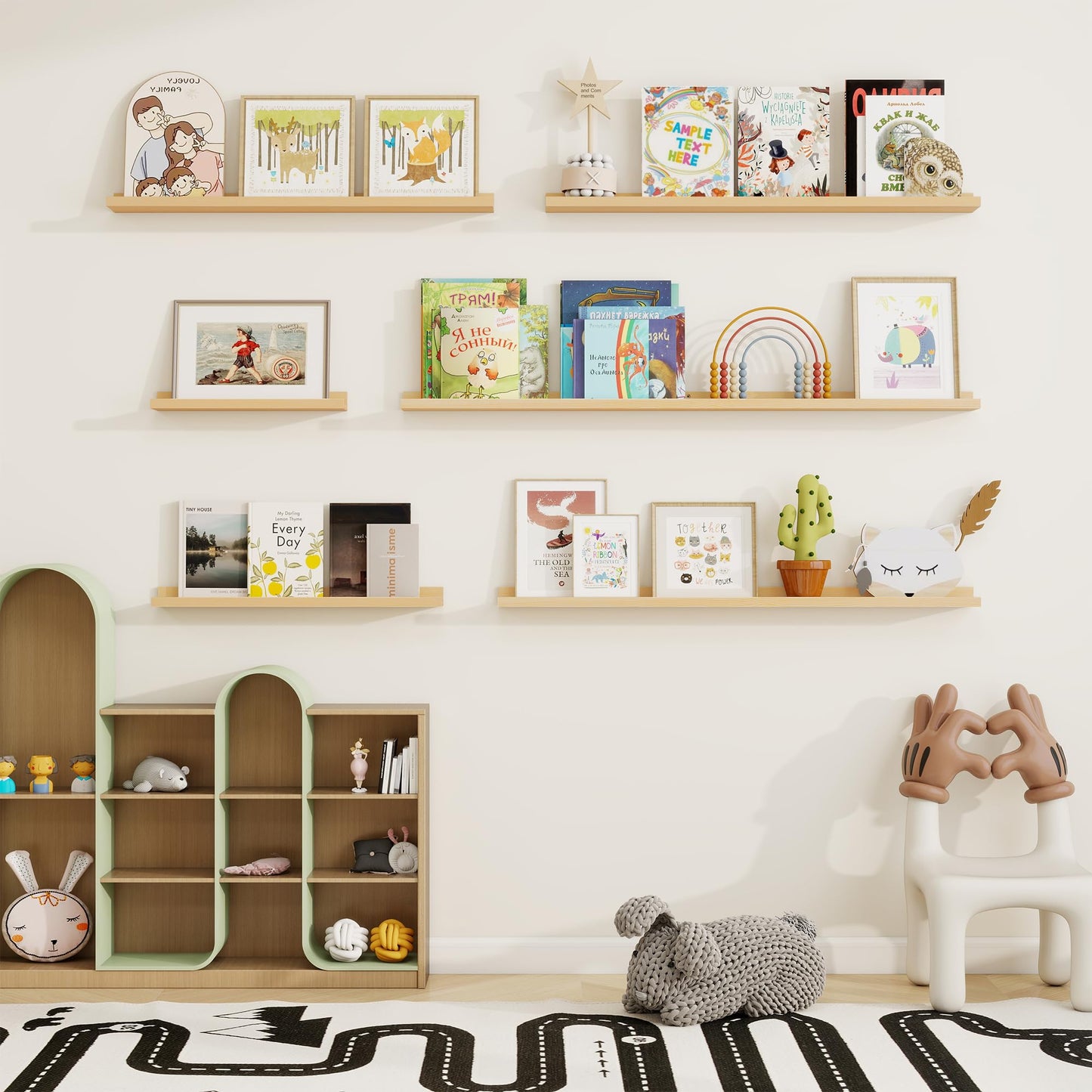 Picture Ledge Shelf, Floating Shelves Set of 2, 40 Inches Solid Wood Nursery Book Shelves for Toys Storage, Kids Bookshelf Wall Mounted for Living Room Decor Books Photo Frames, Unfinished Natural