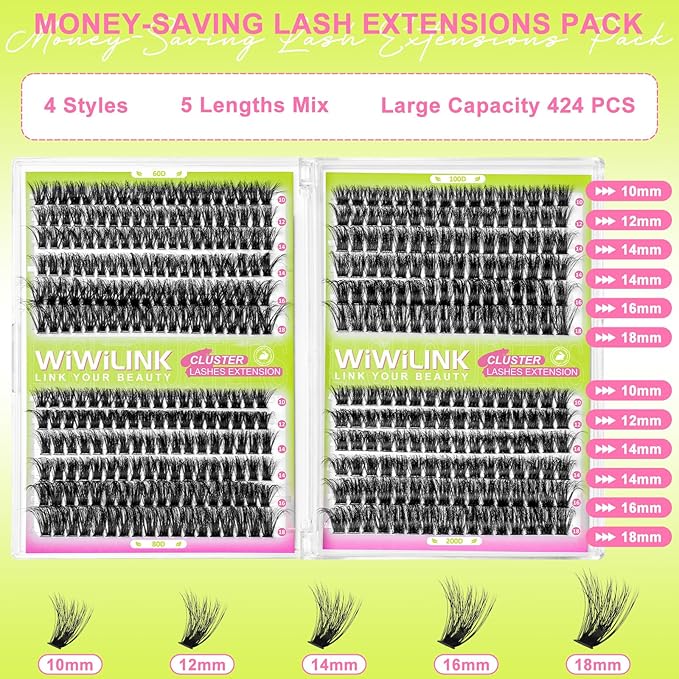 Lash Clusters 60D 80D 100D 200D Individual Lashes 424PCS 10-18mm Eyelash Clusters Wispy Cluster Eyelash Extensions D-curly DIY Lash Extension for Beginners